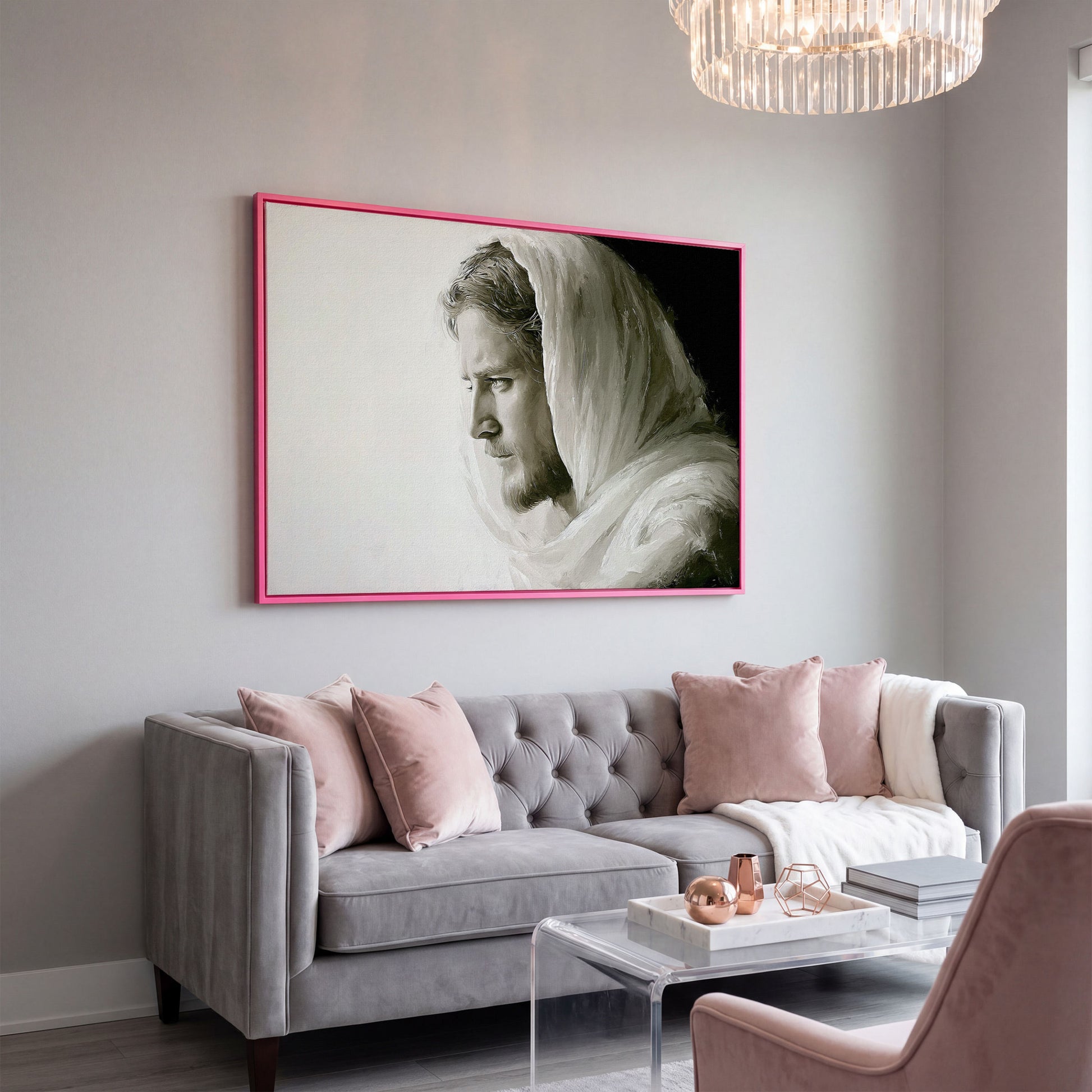 Jesus Christ Portrait Canvas Art, Side Profile in Draped Garment in pink floating frame