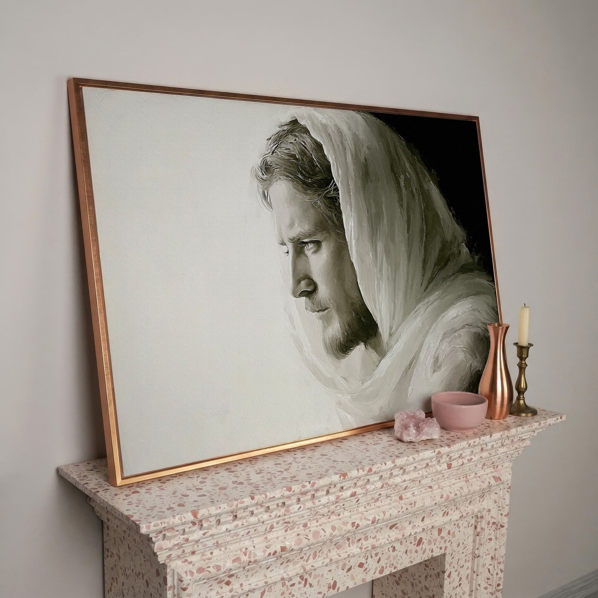 Jesus Christ Portrait Canvas Art, Side Profile in Draped Garment in rose gold floating frame