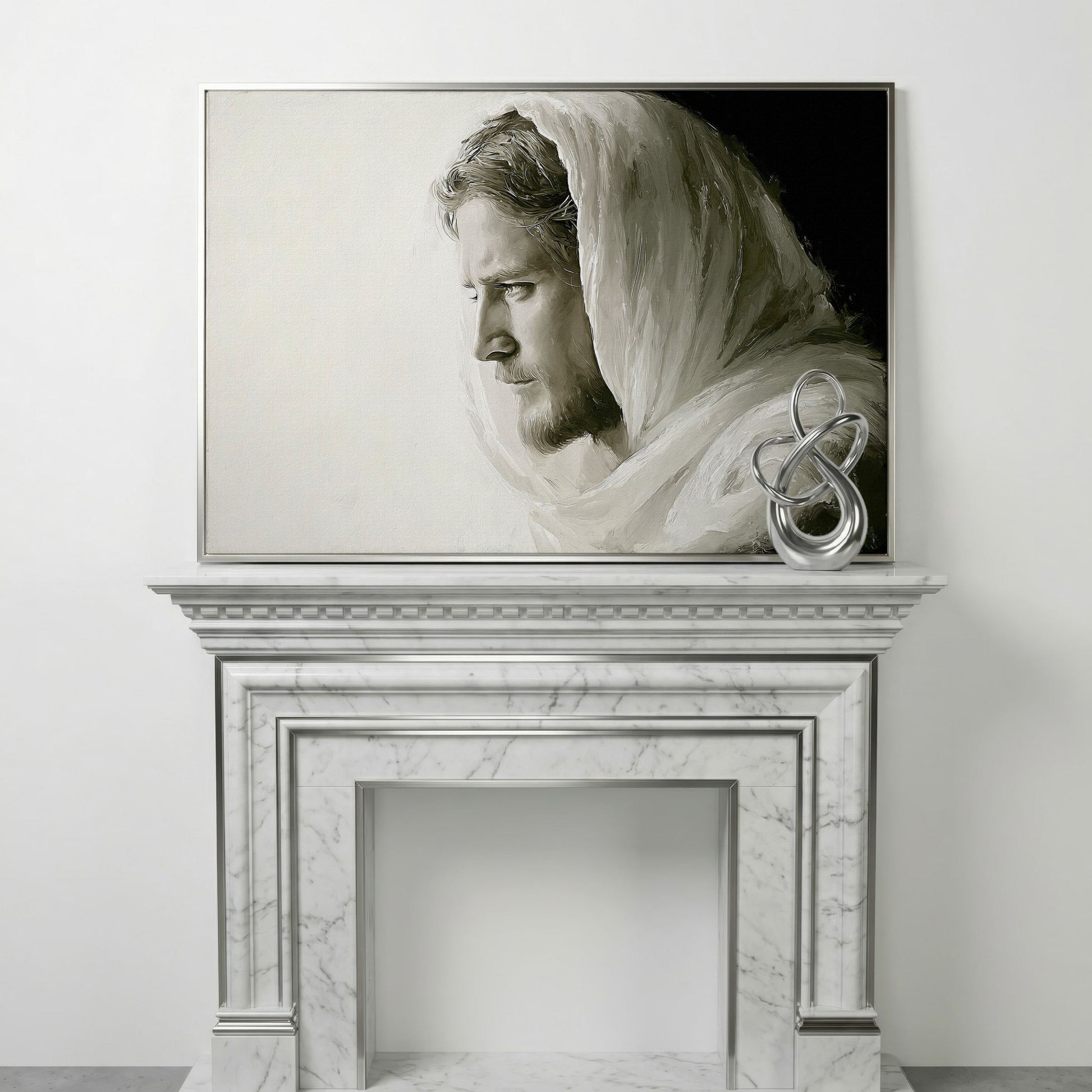 Jesus Christ Portrait Canvas Art, Side Profile in Draped Garment in silver floating frame