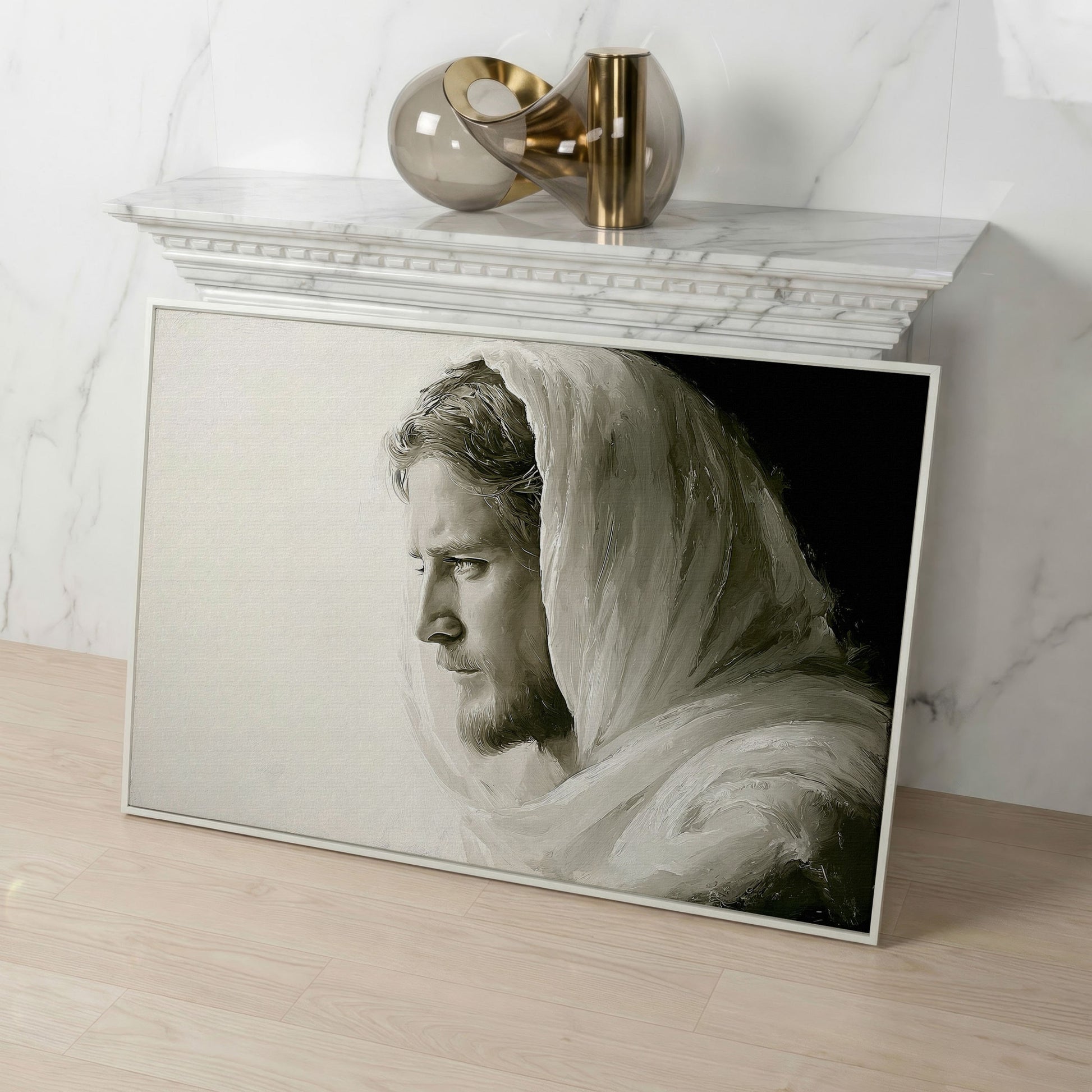 Jesus Christ Portrait Canvas Art, Side Profile in Draped Garment in white floating frame