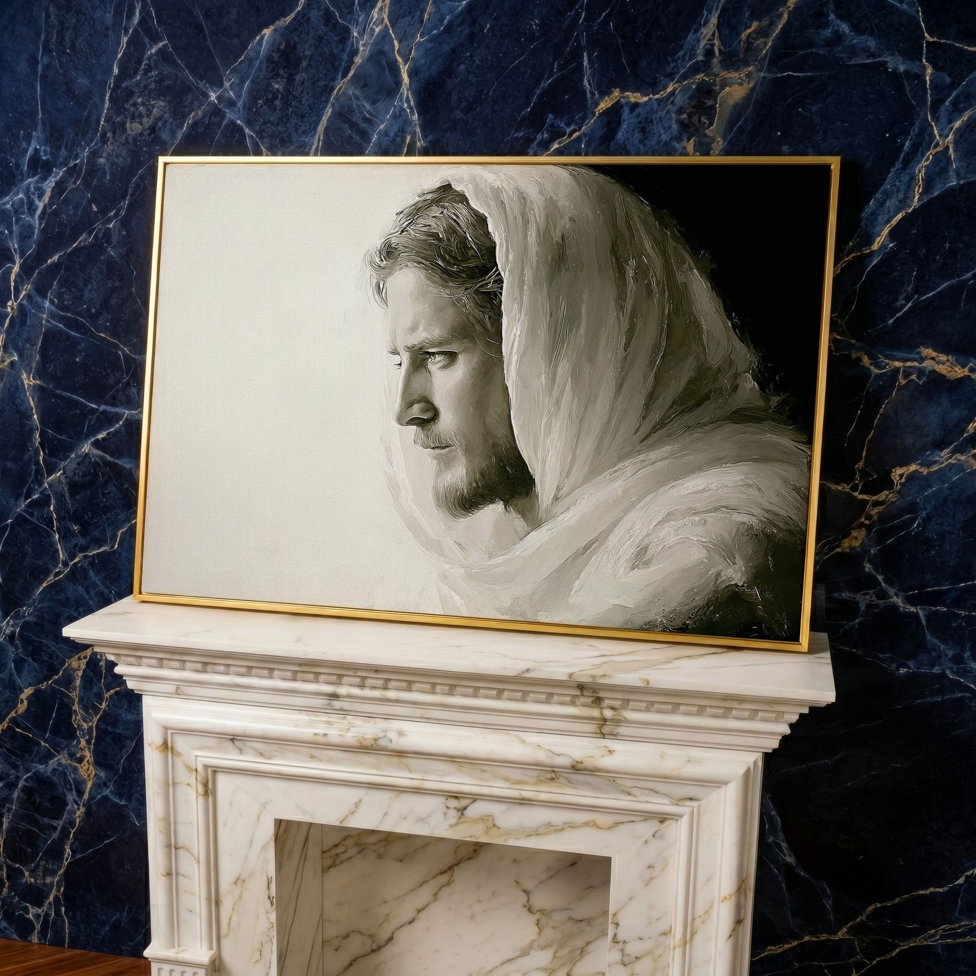 Jesus Christ Portrait Canvas Art, Side Profile in Draped Garment in yellow gold floating frame