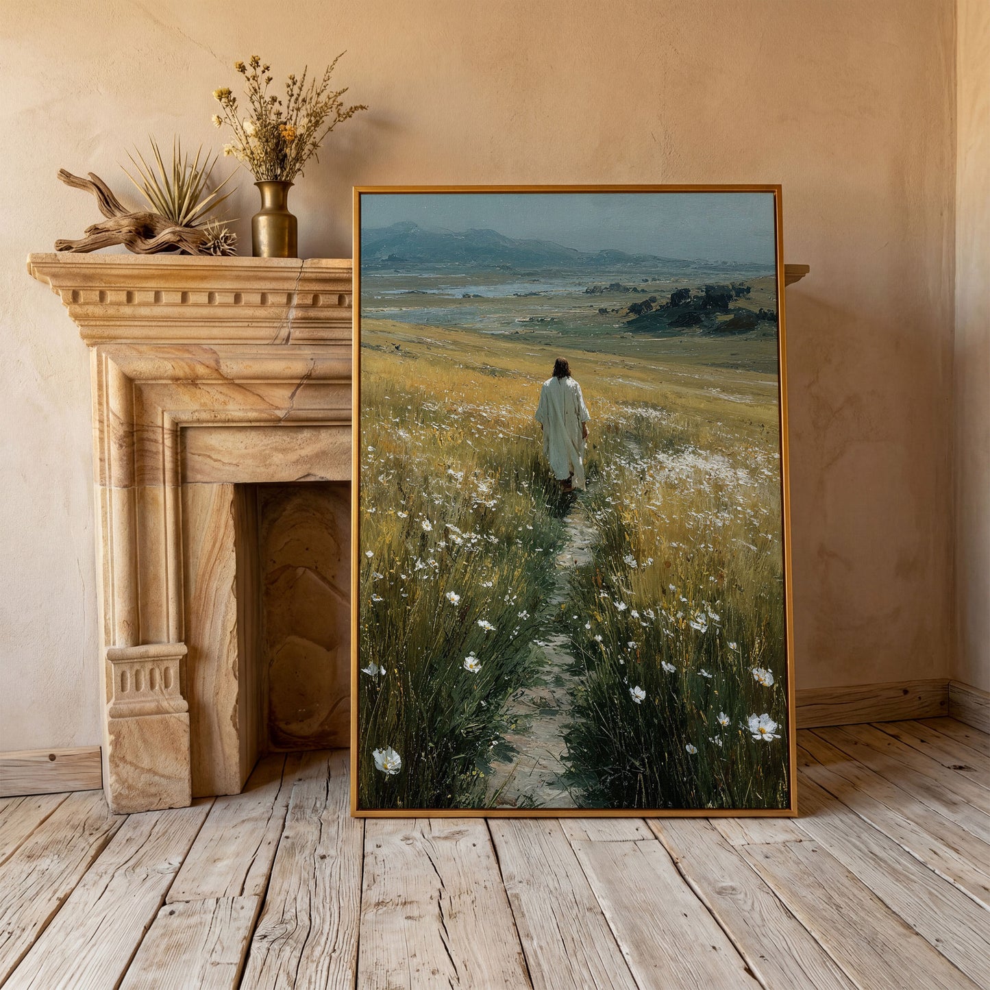 Jesus Walking Through Wildflowers Canvas Art in antique gold floating frame