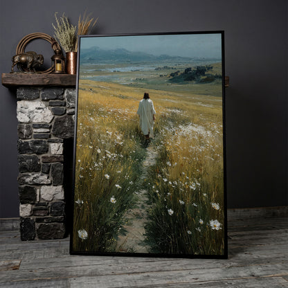 Jesus Walking Through Wildflowers Canvas Art in black floating frame