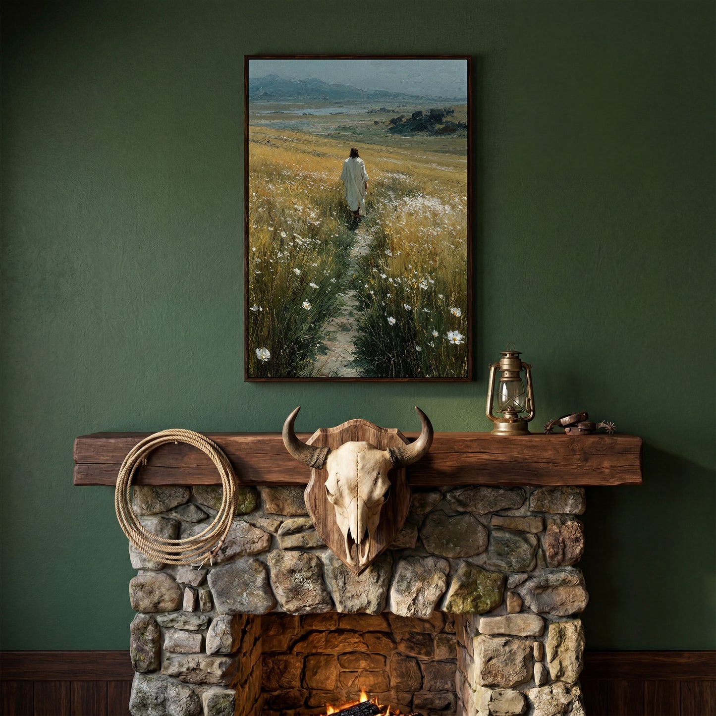 Jesus Walking Through Wildflowers Canvas Art in dark walnut floating frame