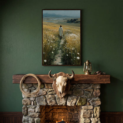 Jesus Walking Through Wildflowers Canvas Art in dark walnut floating frame