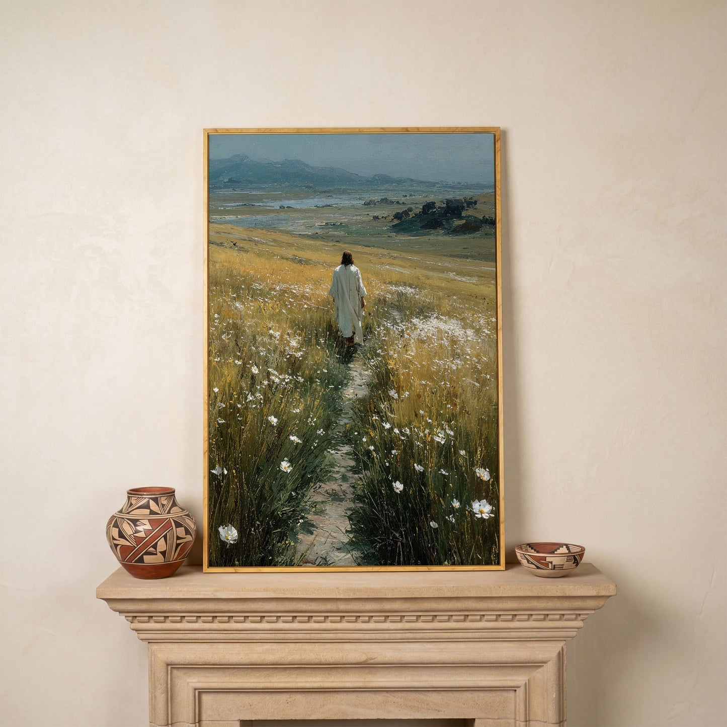 Jesus Walking Through Wildflowers Canvas Art in white oak floating frame