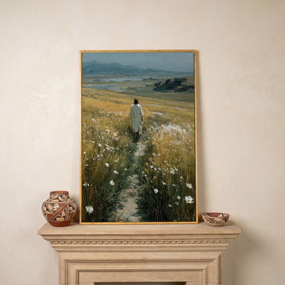 Jesus Walking Through Wildflowers Canvas Art in white oak floating frame