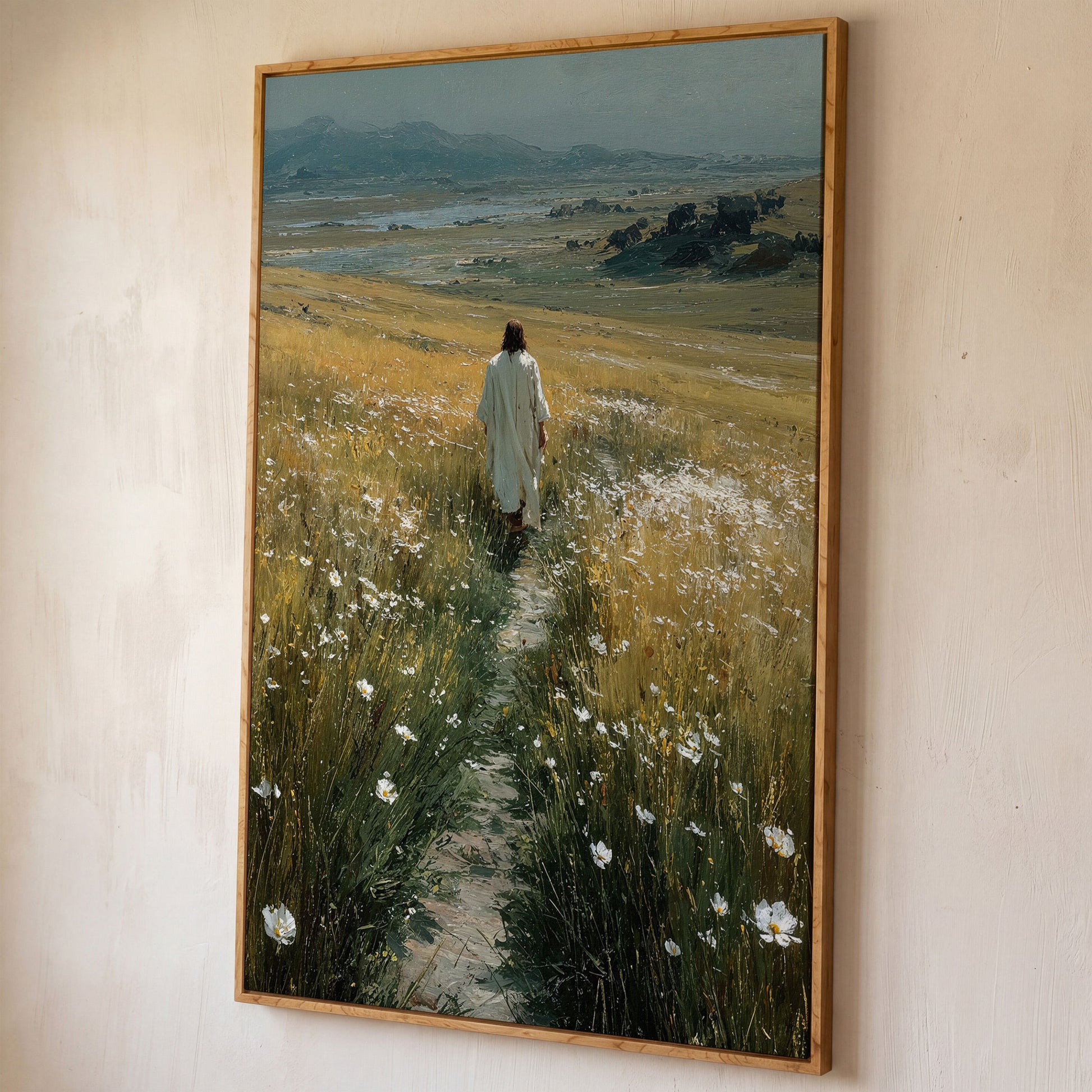 Jesus Walking Through Wildflowers Canvas Art shown in white oak floating frame