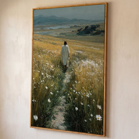 Jesus Walking Through Wildflowers Canvas Art shown in white oak floating frame