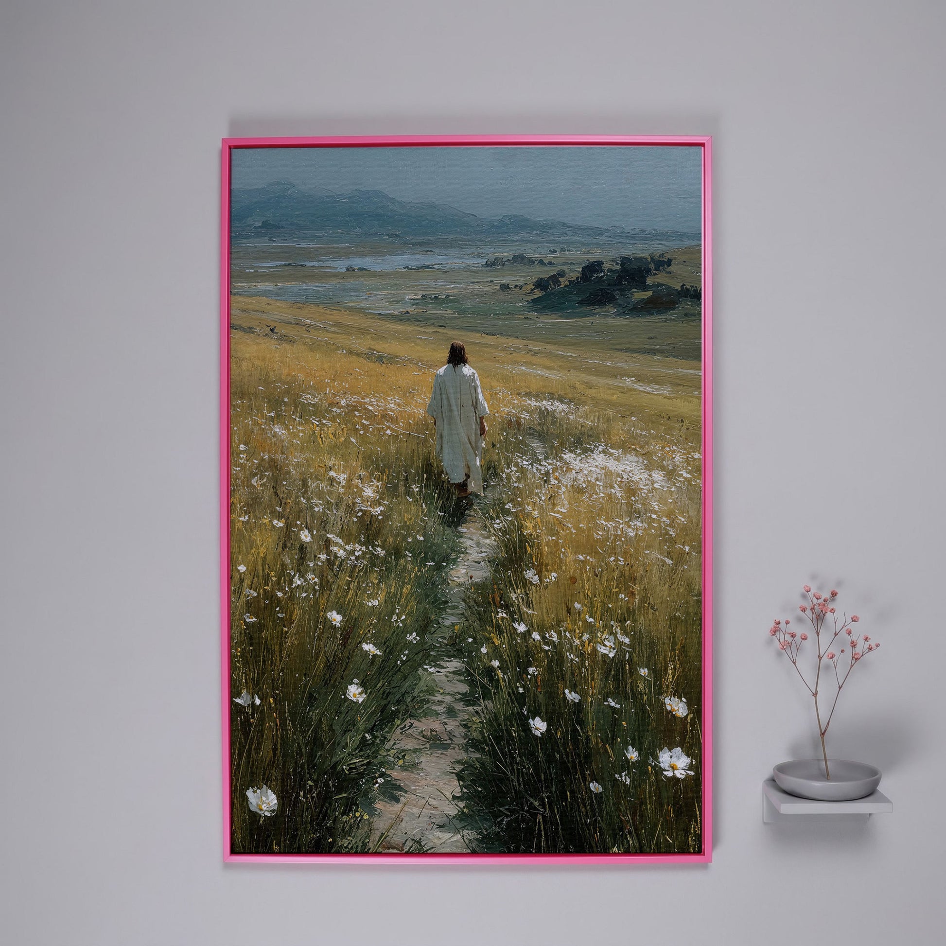 Jesus Walking Through Wildflowers Canvas Art in pink floating frame