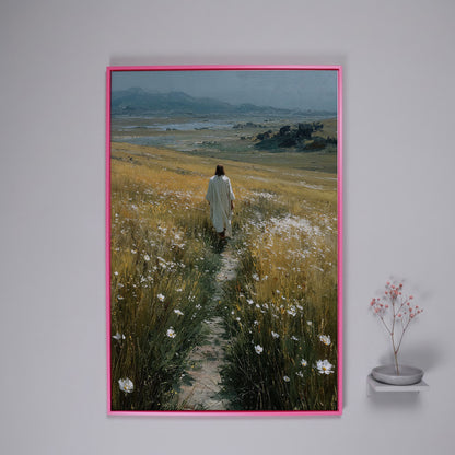 Jesus Walking Through Wildflowers Canvas Art in pink floating frame