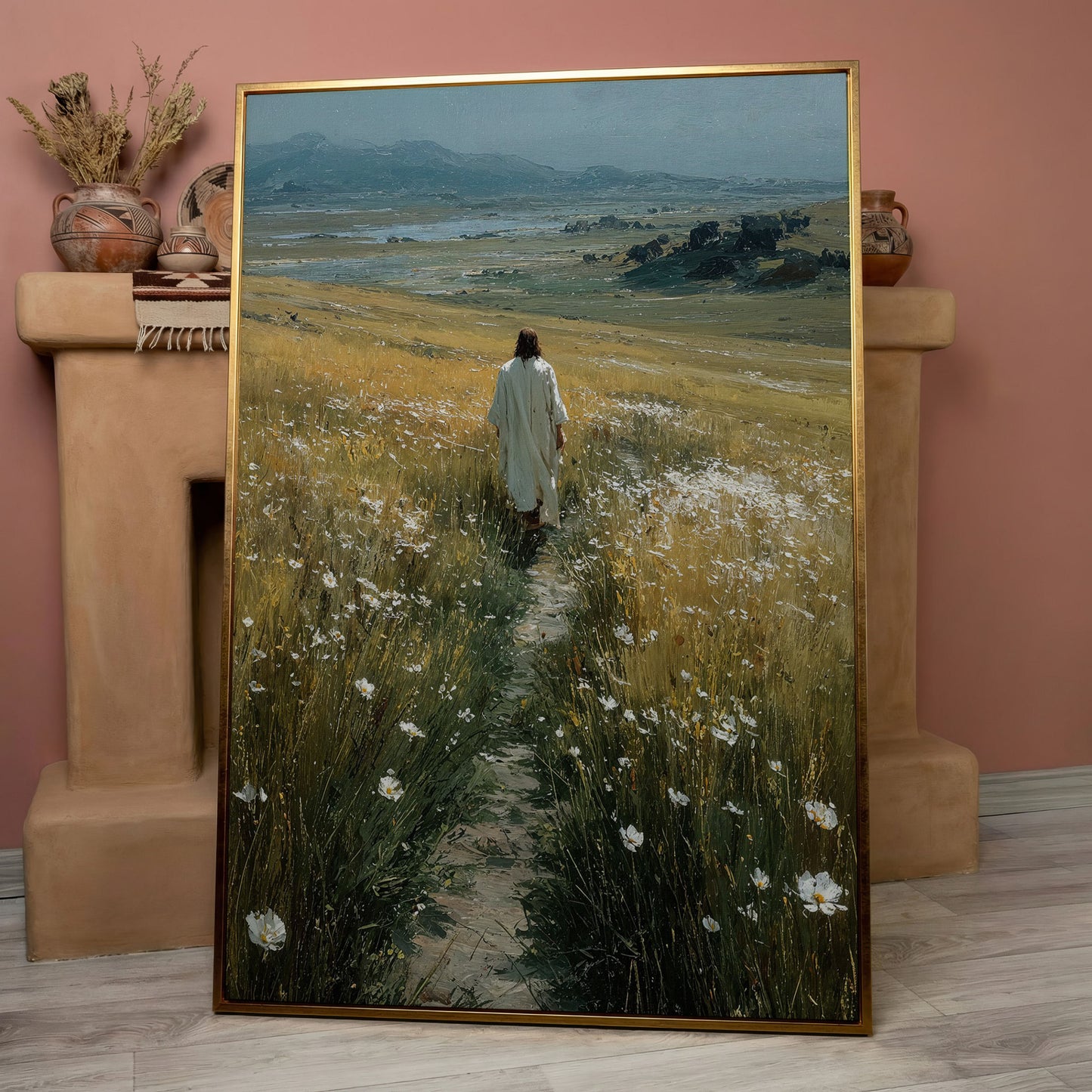 Jesus Walking Through Wildflowers Canvas Art in rose gold floating frame