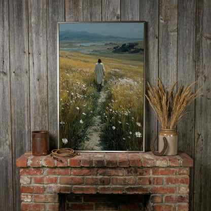 Jesus Walking Through Wildflowers Canvas Art in silver floating frame