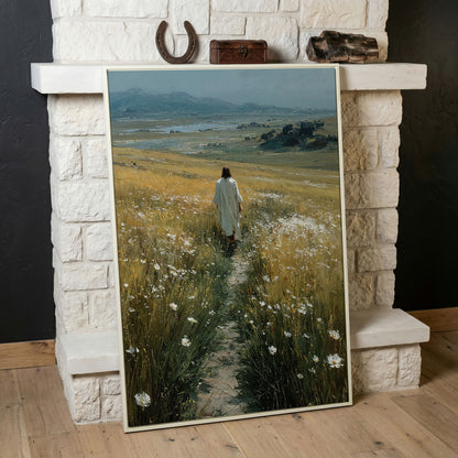 Jesus Walking Through Wildflowers Canvas Art in white floating frame
