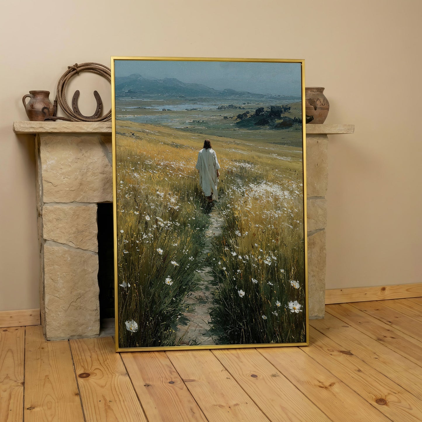 Jesus Walking Through Wildflowers Canvas Art in yellow gold floating frame