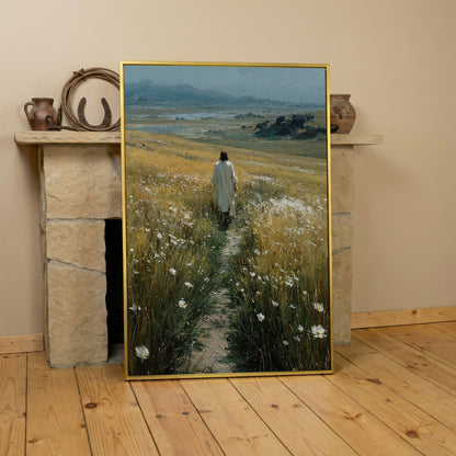 Jesus Walking Through Wildflowers Canvas Art in yellow gold floating frame