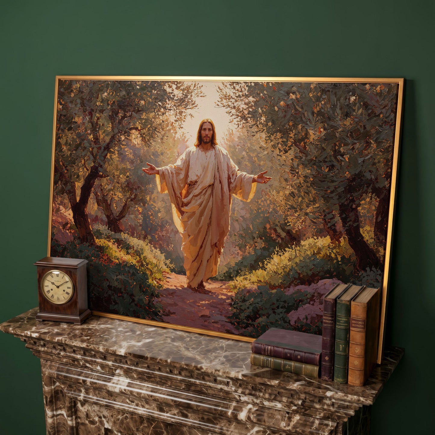Jesus in the Garden Canvas Wall Art, Christian Home Decor in antique gold floating frame