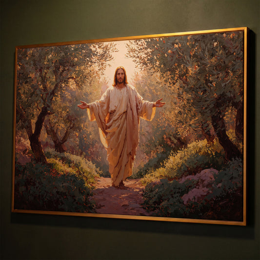 Jesus in the Garden Canvas Wall Art, Christian Home Decor shown in antique gold floating frame