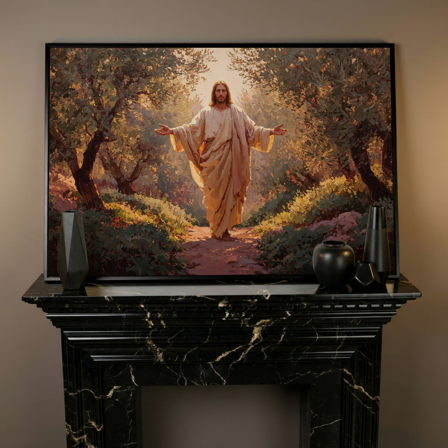 Jesus in the Garden Canvas Wall Art, Christian Home Decor in black floating frame