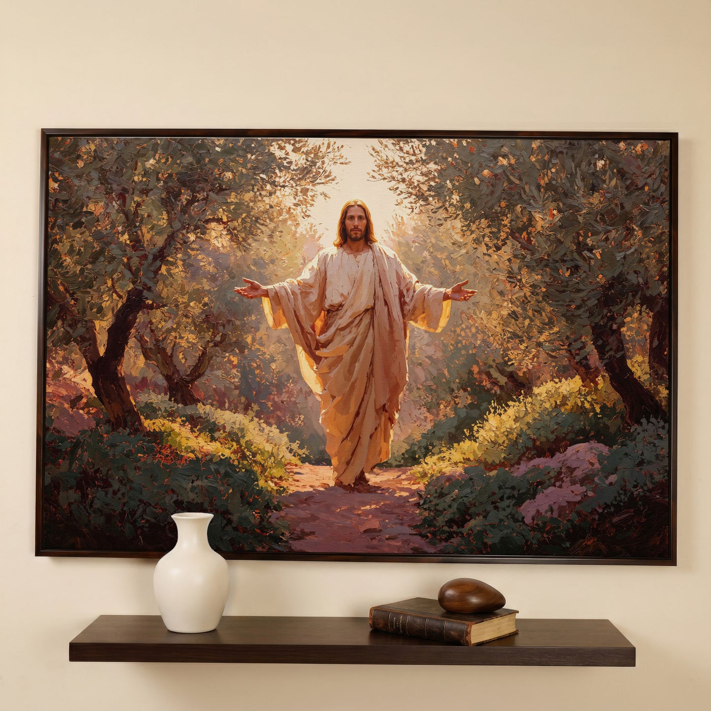 Jesus in the Garden Canvas Wall Art, Christian Home Decor in dark walnut floating frame