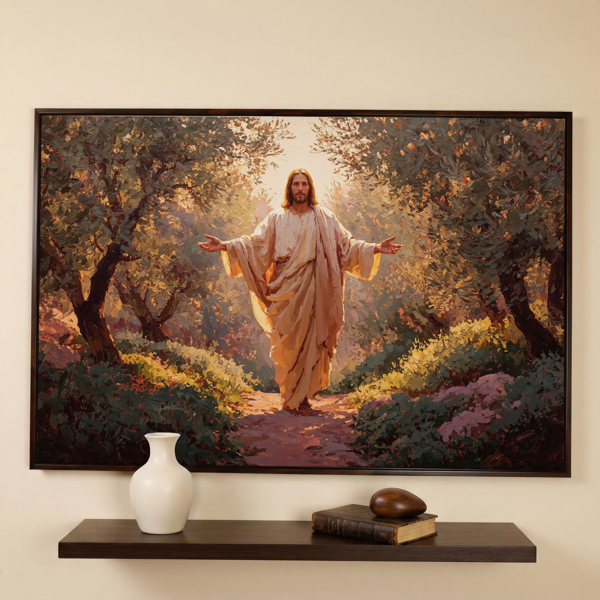 Jesus in the Garden Canvas Wall Art, Christian Home Decor in dark walnut floating frame