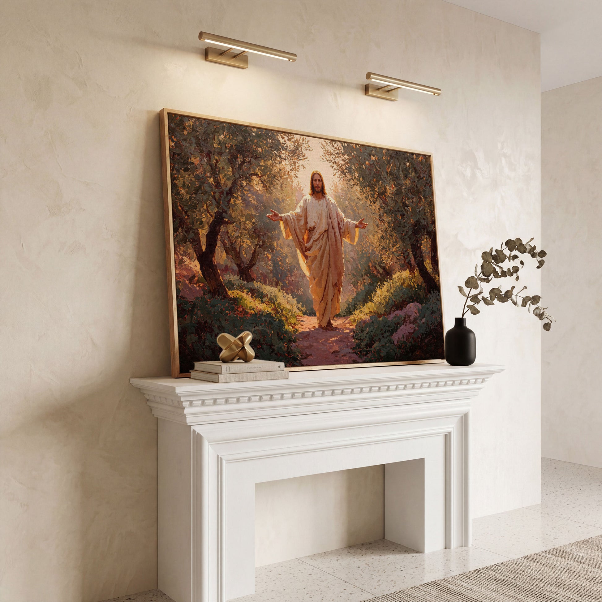 Jesus in the Garden Canvas Wall Art, Christian Home Decor in white oak floating frame