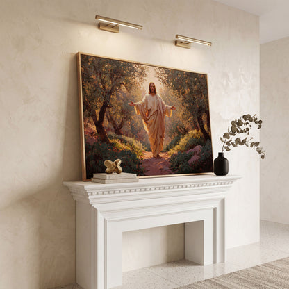 Jesus in the Garden Canvas Wall Art, Christian Home Decor in white oak floating frame
