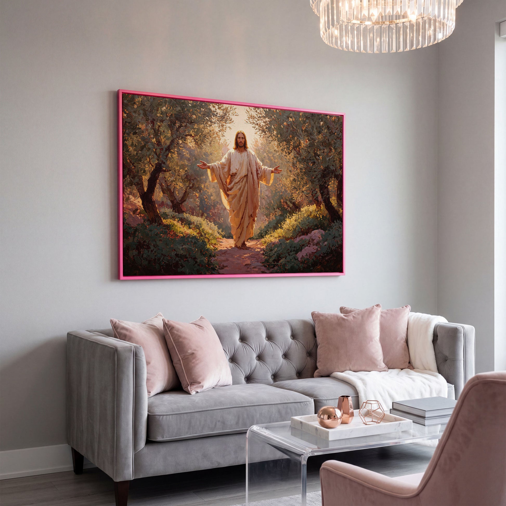 Jesus in the Garden Canvas Wall Art, Christian Home Decor in pink floating frame