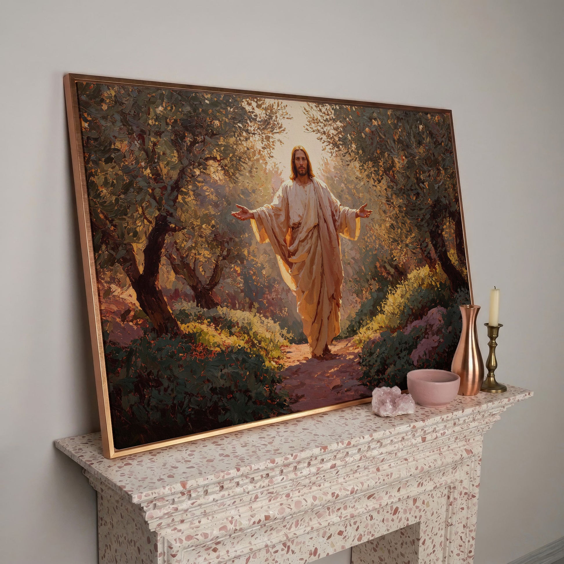 Jesus in the Garden Canvas Wall Art, Christian Home Decor in rose gold floating frame
