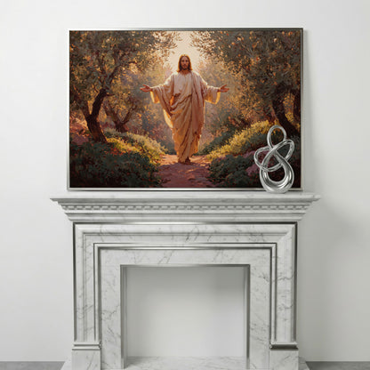Jesus in the Garden Canvas Wall Art, Christian Home Decor in silver floating frame