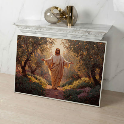 Jesus in the Garden Canvas Wall Art, Christian Home Decor in white floating frame