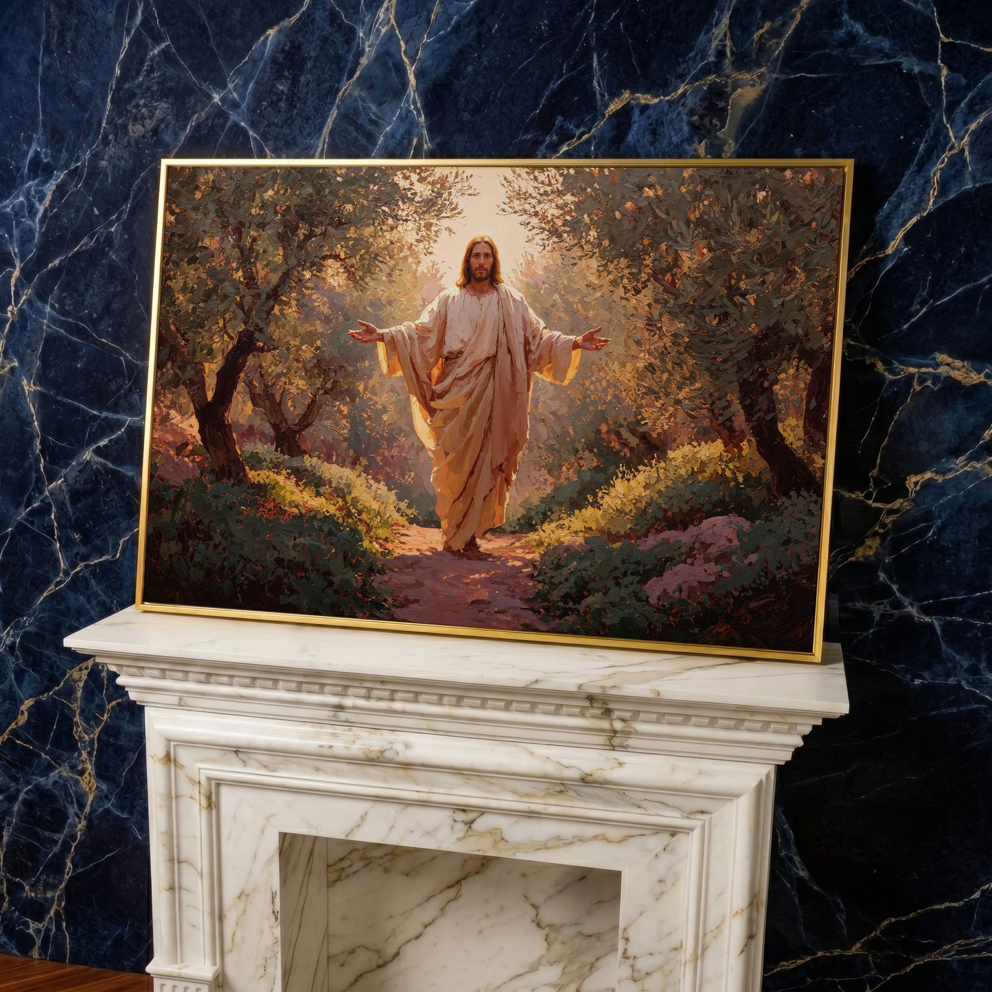 Jesus in the Garden Canvas Wall Art, Christian Home Decor in yellow gold floating frame