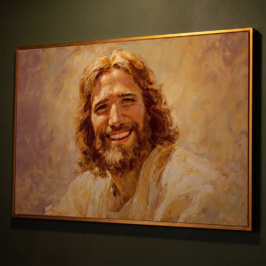 Portrait of Jesus Christ Canvas Wall Art shown in antique gold floating frame