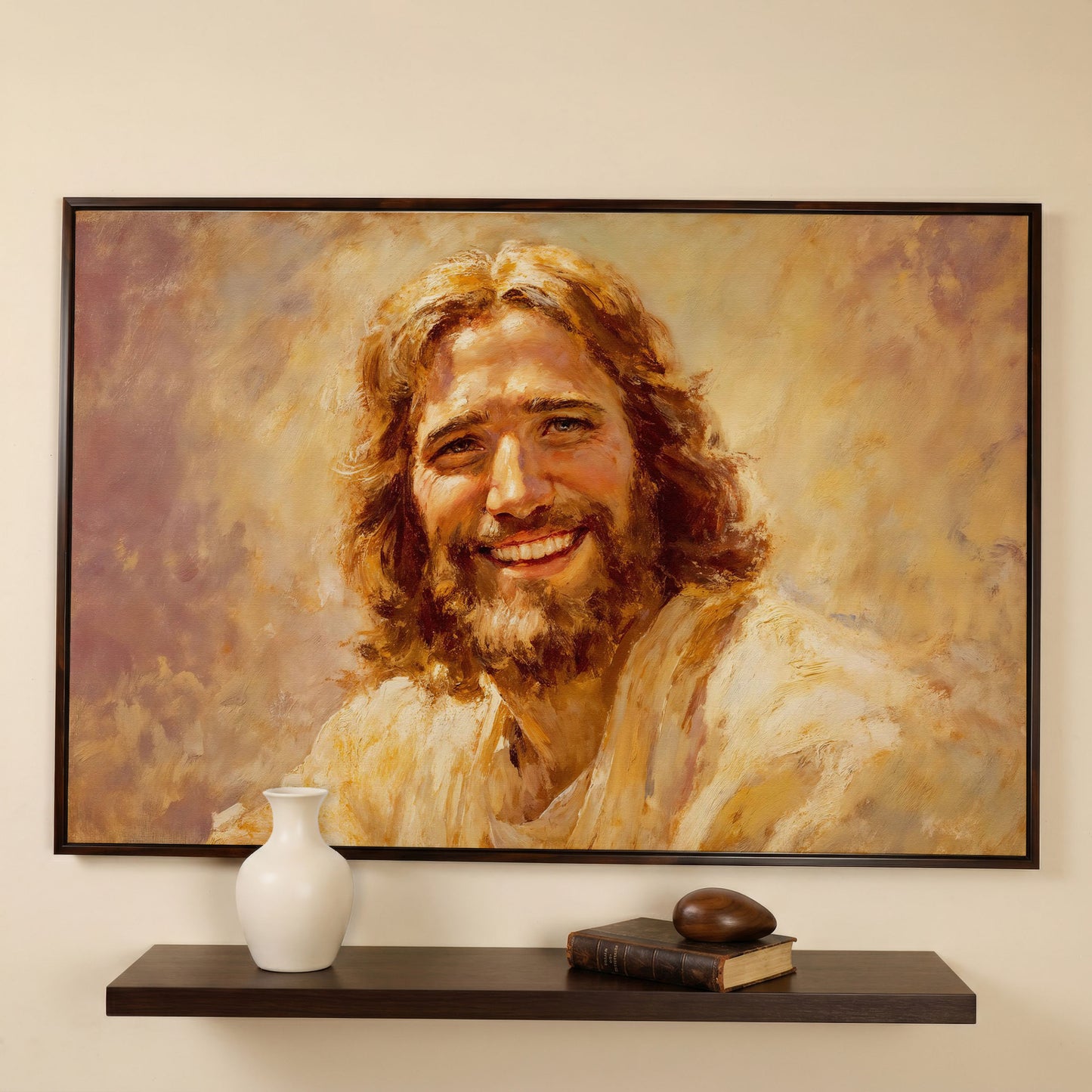 Portrait of Jesus Christ Canvas Wall Art in dark walnut floating frame
