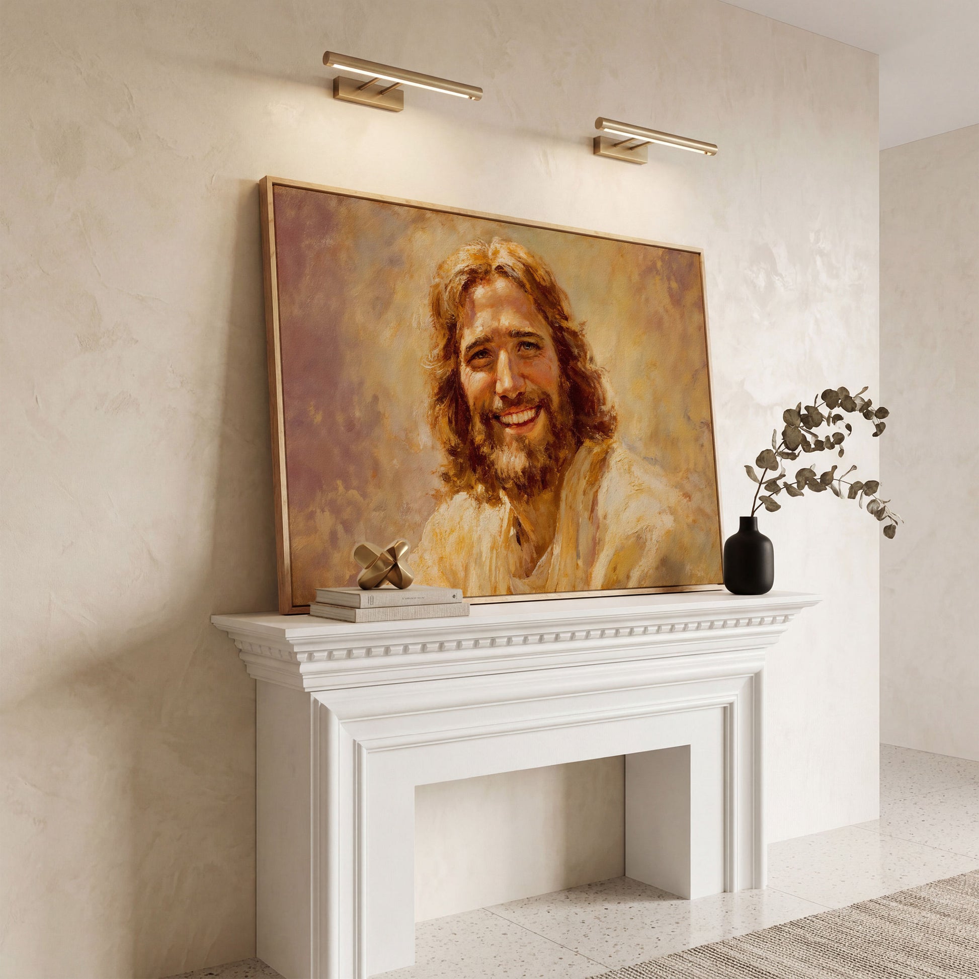 Portrait of Jesus Christ Canvas Wall Art in white oak floating frame