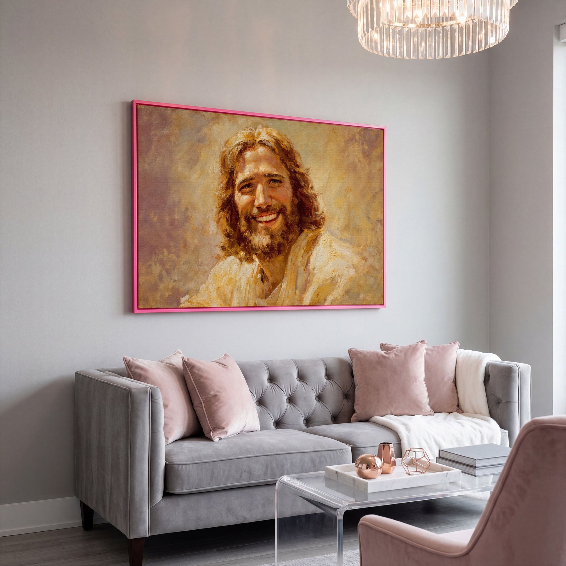 Portrait of Jesus Christ Canvas Wall Art in pink floating frame
