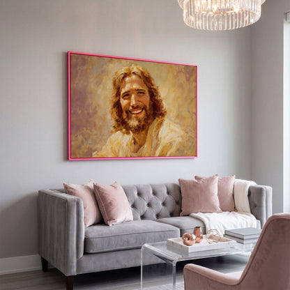 Portrait of Jesus Christ Canvas Wall Art in pink floating frame