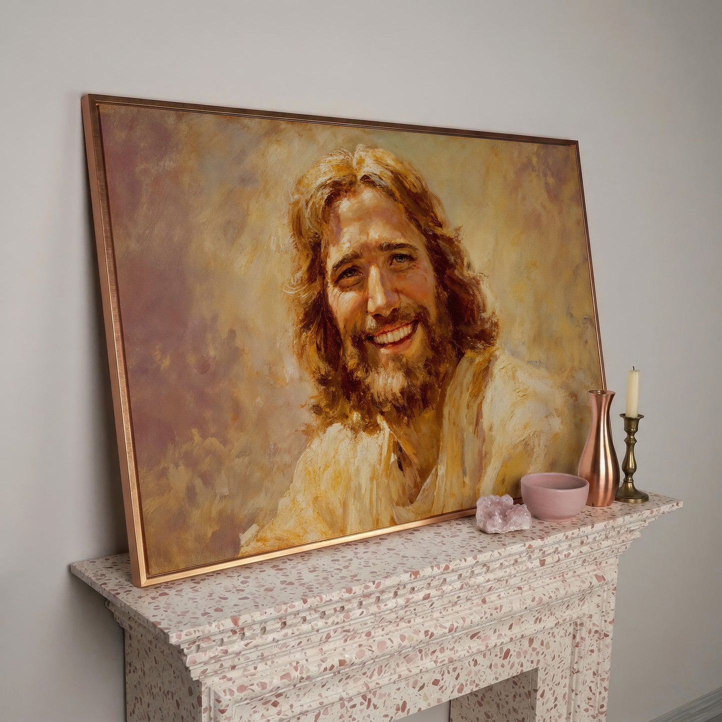 Portrait of Jesus Christ Canvas Wall Art in rose gold floating frame