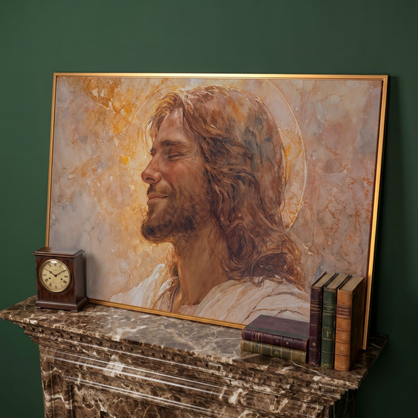 Serene Jesus Portrait Canvas Art, Halo and Closed Eyes in antique gold floating frame