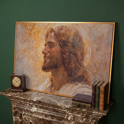 Serene Jesus Portrait Canvas Art, Halo and Closed Eyes in antique gold floating frame