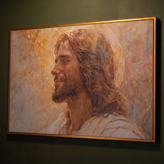 Serene Jesus Portrait Canvas Art, Halo and Closed Eyes shown in antique gold floating frame