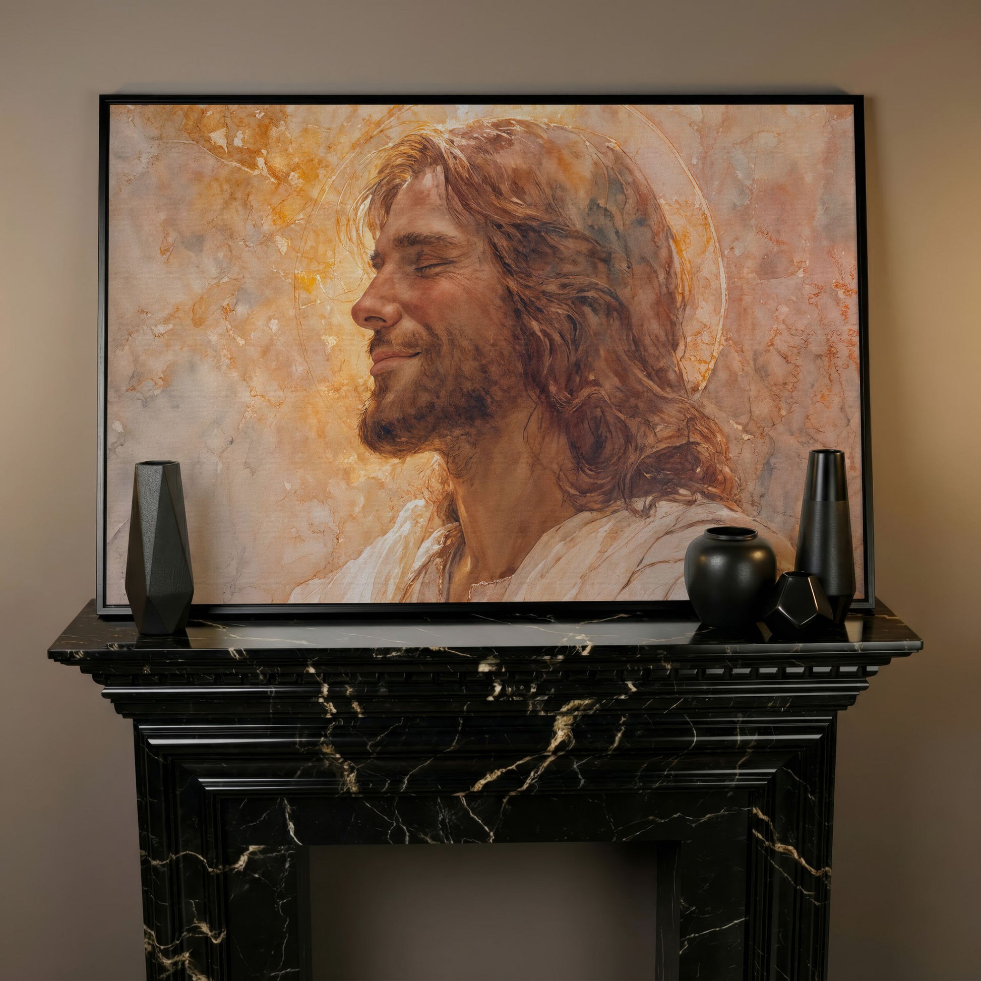 Serene Jesus Portrait Canvas Art, Halo and Closed Eyes in black floating frame