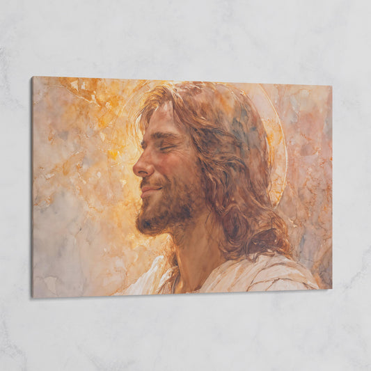Serene Jesus Portrait Canvas Art, Halo and Closed Eyes on gallery wrap