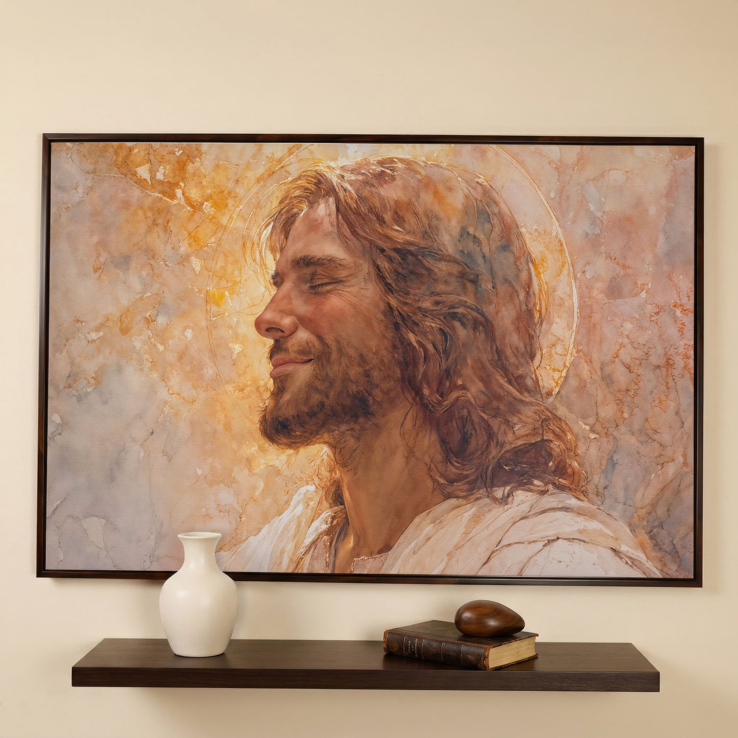 Serene Jesus Portrait Canvas Art, Halo and Closed Eyes in dark walnut floating frame