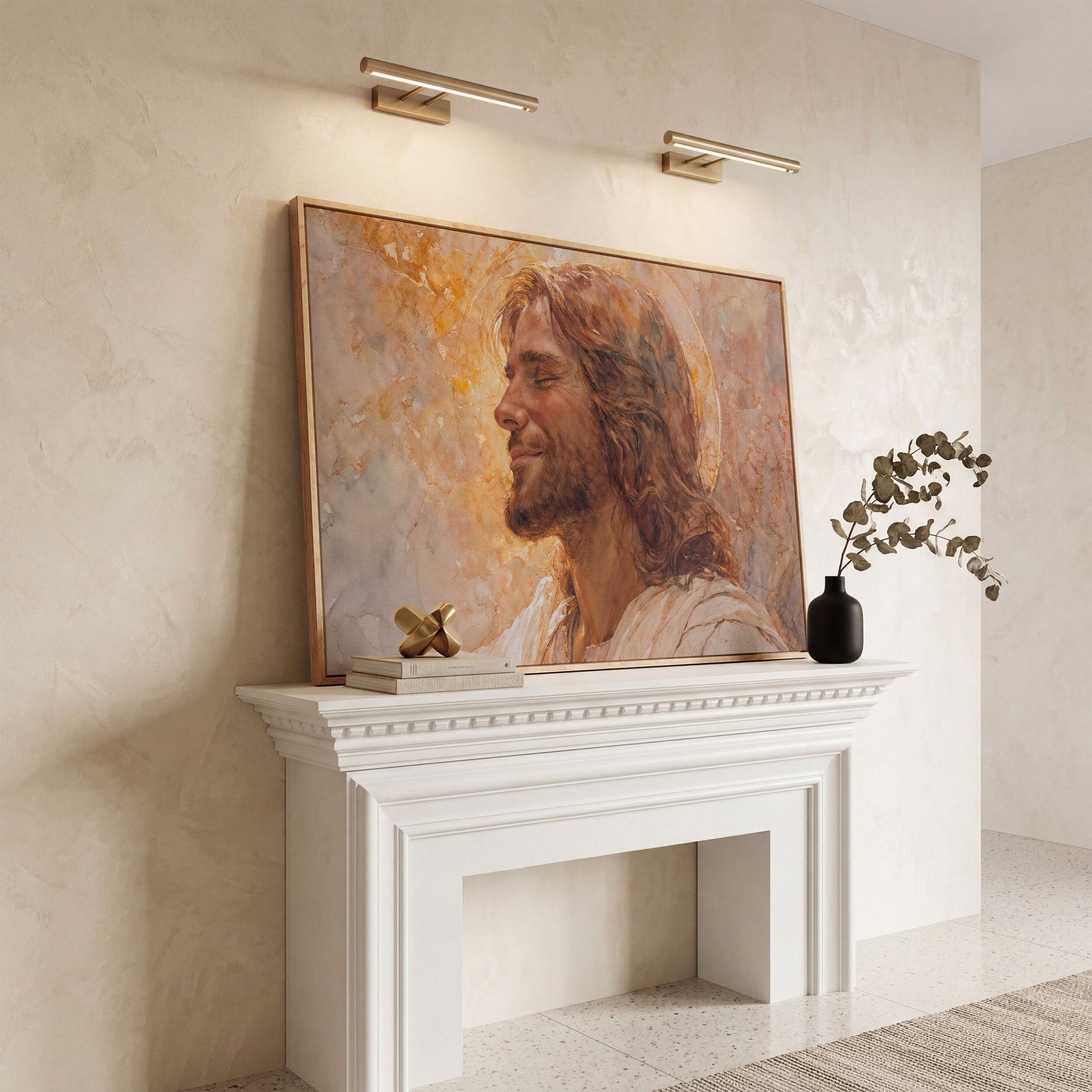Serene Jesus Portrait Canvas Art, Halo and Closed Eyes in white oak floating frame