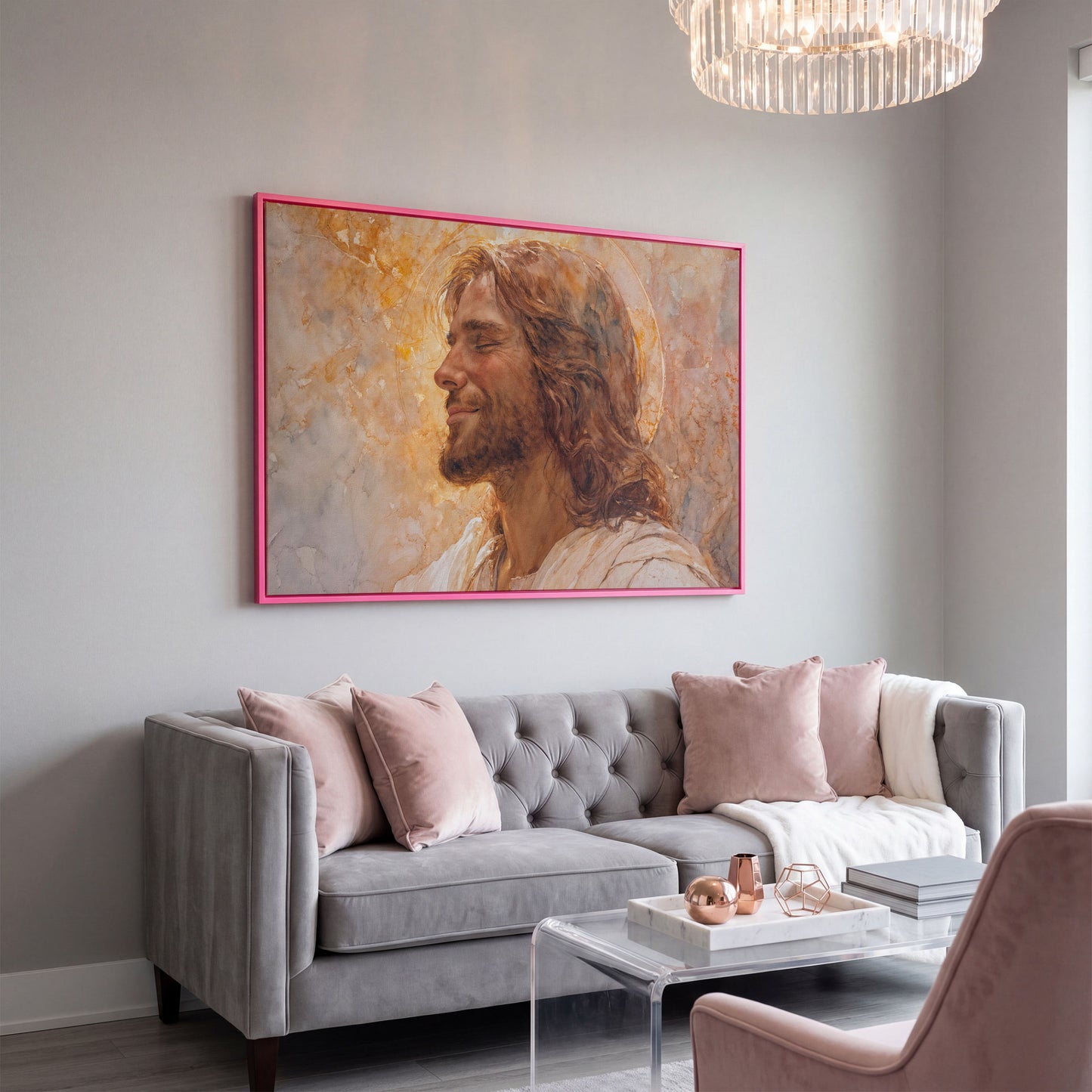 Serene Jesus Portrait Canvas Art, Halo and Closed Eyes in pink floating frame