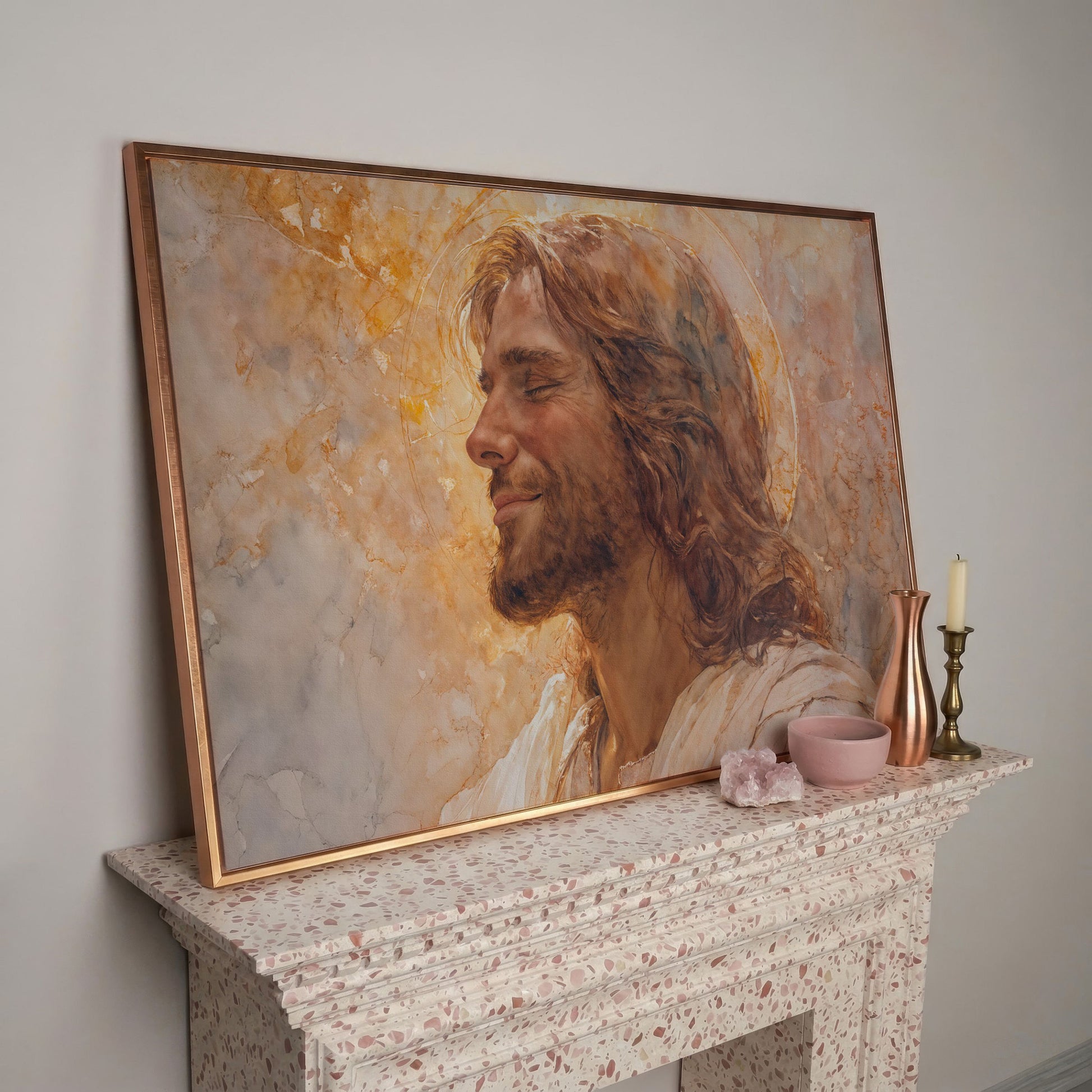 Serene Jesus Portrait Canvas Art, Halo and Closed Eyes in rose gold floating frame
