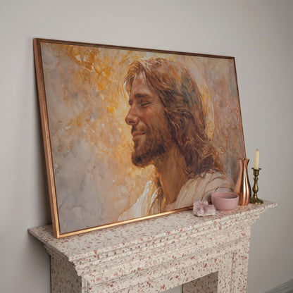 Serene Jesus Portrait Canvas Art, Halo and Closed Eyes in rose gold floating frame