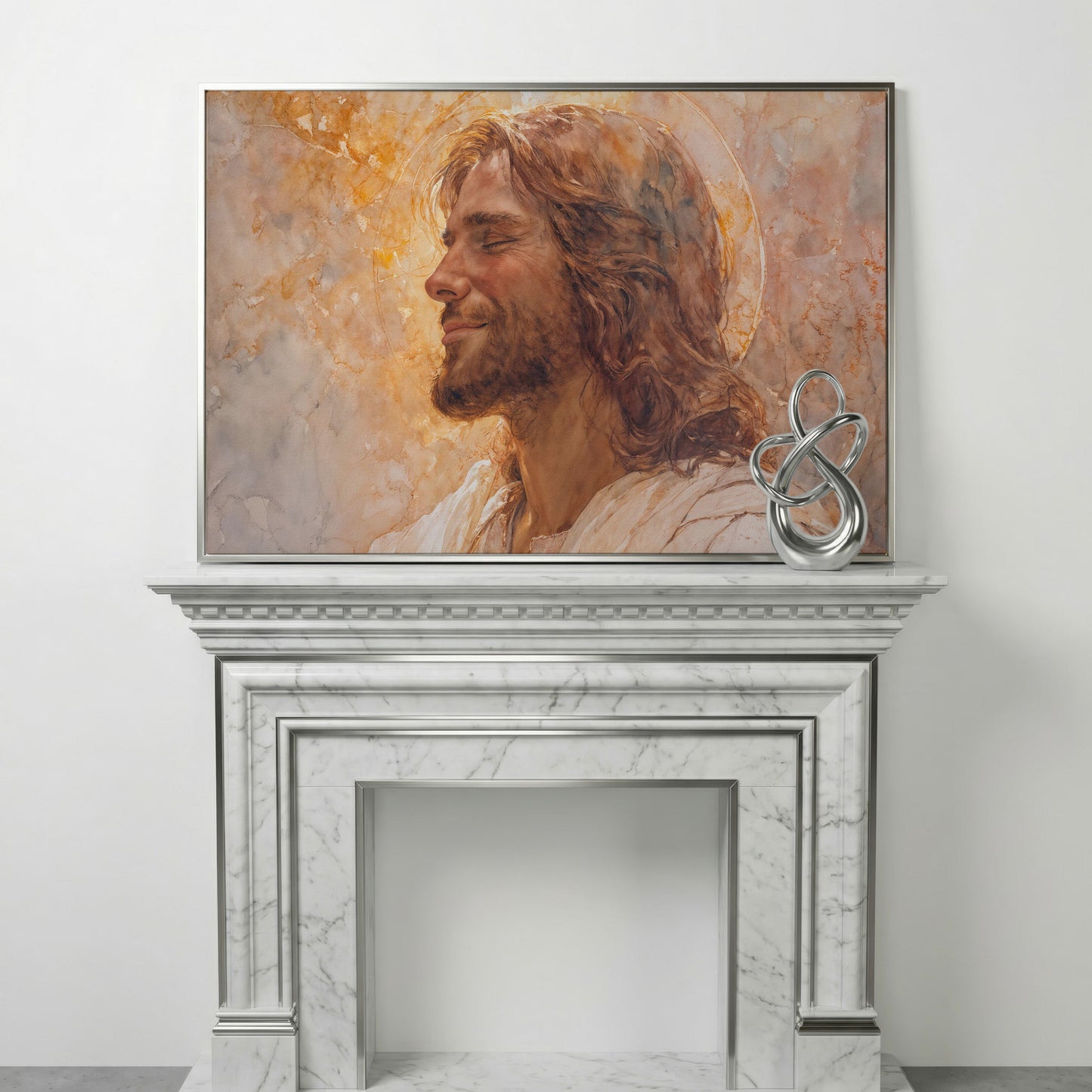 Serene Jesus Portrait Canvas Art, Halo and Closed Eyes in silver floating frame