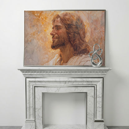 Serene Jesus Portrait Canvas Art, Halo and Closed Eyes in silver floating frame